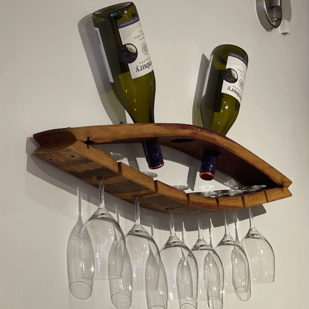 Wall Mounted Wine Barrel Stave Bottle & Wine Glass Rack Wine Country
